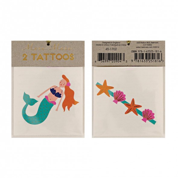 2 planches de tatouages éphémères - Sirène et coquillages